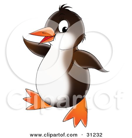 Clipart Illustration of a Brown And White Penguin Doing A Happy Dance by Alex Bannykh