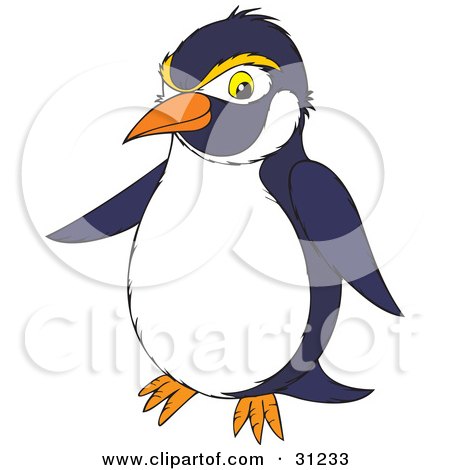 Clipart Illustration of a Navy Blue And White Penguin With Yellow Eyebrows by Alex Bannykh