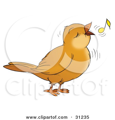 Clipart Illustration of a Happy Brown Bird Singing Or Whistling, With A Yellow Note by Alex Bannykh