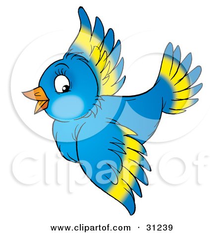 Clipart Illustration of a Happy Blue Bird With Yellow Markings On Its Wings, Flying, On A White Background by Alex Bannykh