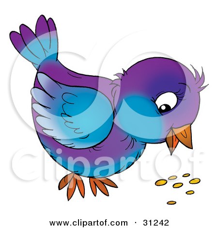 Clipart Illustration of a Purple And Blue Bird Eating Seed From The Ground by Alex Bannykh