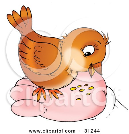 Clipart Illustration of a Cute Brown Bird Eating Seed From A Human Hand by Alex Bannykh
