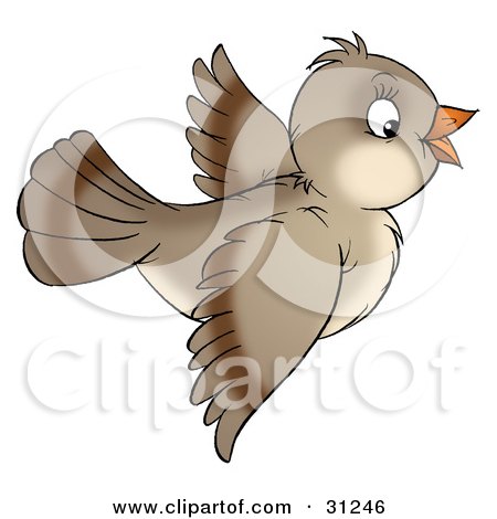 Clipart Illustration of a Cute Brown Bird Flying, On A White Background by Alex Bannykh