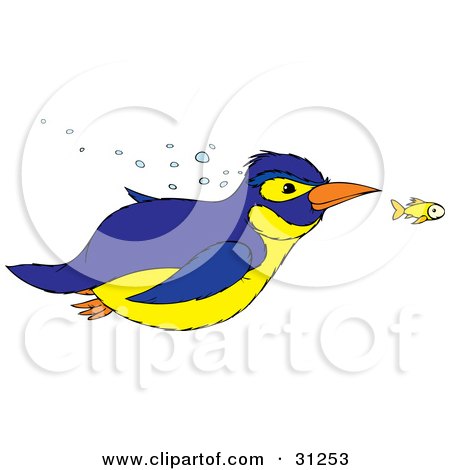 Clipart Illustration of a Blue And Yellow Penguin Swimming With A Yellow Fish by Alex Bannykh