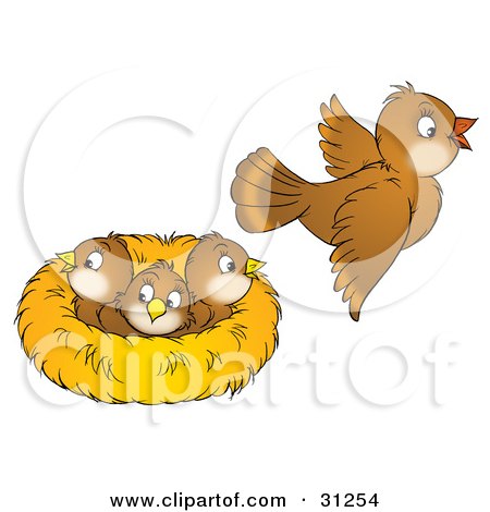 Clipart Illustration of a Brown Bird Flying Away From A Nest With Three Baby Birds by Alex Bannykh