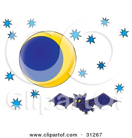 Clipart Illustration of a Happy Blue Bat Flying In The Night Sky Of Blue Stars And A Crescent Moon by Alex Bannykh