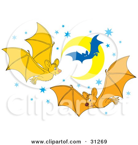 Clipart Illustration of Three Happy Bats Flying In The Sky At Night, Against A Background Of Blue Stars And A Crescent Moon by Alex Bannykh