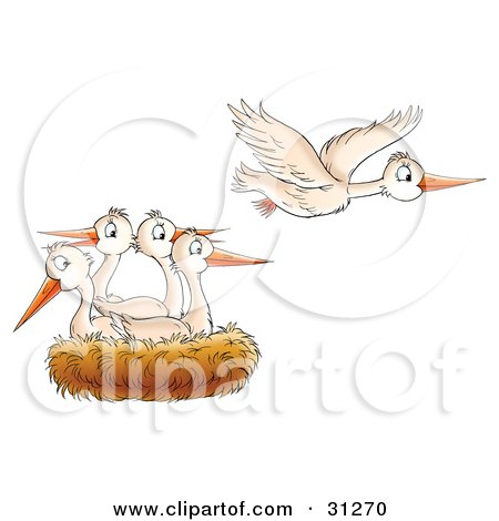 Clipart Illustration of a White Bird Flying Away From A Nest Of Baby Birds, In Seek Of Food by Alex Bannykh