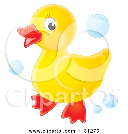 Clipart Illustration of a Cute Yellow Rubber Ducky Standing On A White Background With Blue Bubbles by Alex Bannykh