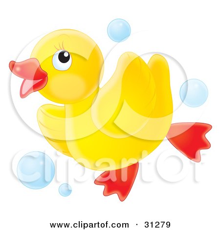 Clipart Illustration of a Cute Yellow Rubber Ducky Running Through Blue Bubbles, On A White Background by Alex Bannykh