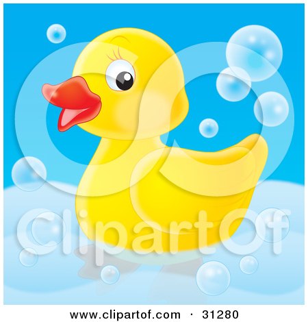 Clipart Illustration of a Cute Yellow Rubber Duck Swimming With Bubbles In A Tub by Alex Bannykh