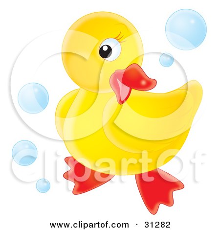 Clipart Illustration of a Cute Yellow Rubber Ducky Posing On A White Background, Surrounded By Blue Bubbles by Alex Bannykh