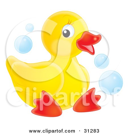 Clipart Illustration of a Cute Yellow Rubber Ducky Sitting On A White Background, With Blue Bubbles by Alex Bannykh
