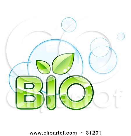 Clipart Illustration of Green BIO Text With Leaves Sprouting From The Letter I Over Blue Bubbles by beboy