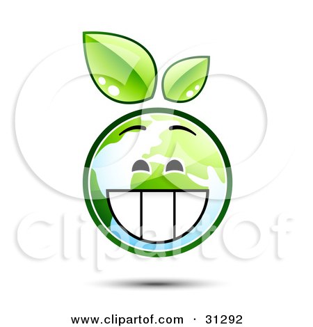 Clipart Illustration of a Grinning Earth Character With Green Leaves Above by beboy