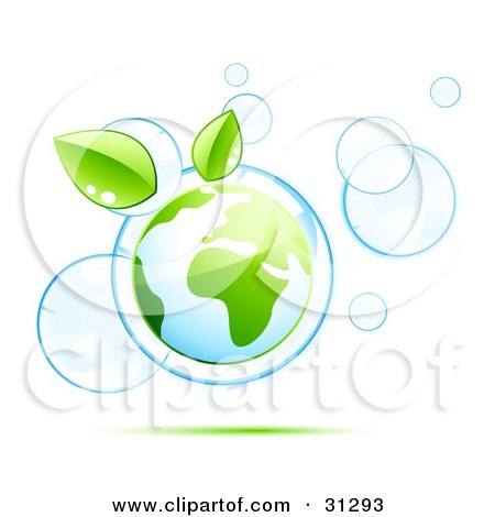 Clipart Illustration of Planet Earth And Two Green Leaves Floating Inside Blue Bubbles by beboy