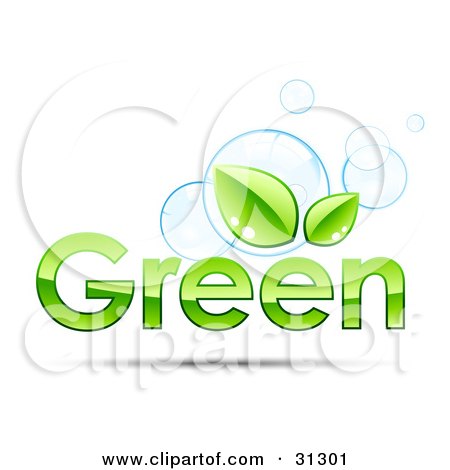 Clipart Illustration of GREEN Text With Two Leaves Above The Second Letter E With Blue Bubbles by beboy