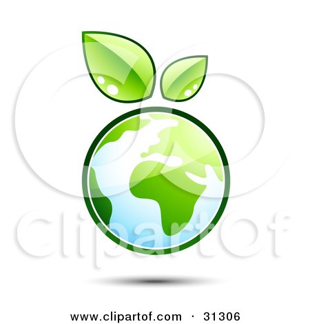 Clipart Illustration of Planet Earth Outlined In Green, With Two Fresh Leaves Floating Above by beboy