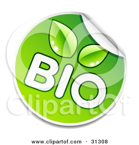 Clipart Illustration of a Peeling Round Sticker With White BIO Text And Green Leaves by beboy