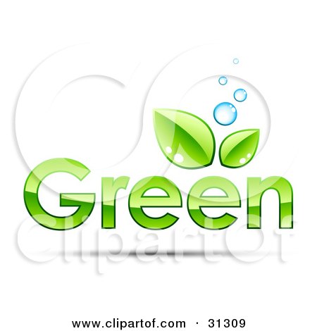 Clipart Illustration of Blue Bubbles Over GREEN Text With Two Leaves Above The Second Letter E by beboy
