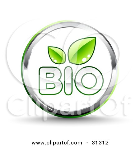 Clipart Illustration of a Shiny White Bio Website Button With Two Green Leaves And Chrome Trim by beboy