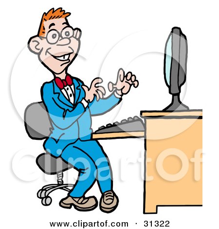 Clipart Illustration of a Happy Red Haired Computer Geek Man In A Blue Suit, Working On A Computer by LaffToon