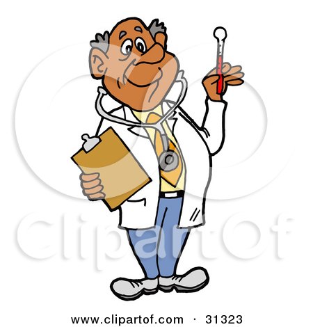 Clipart Illustration of a Male Senior Hispanic Doctor In A Lab Coat, Wearing A Stethoscope, Holding A Clip Board And Looking At A Thermometer by LaffToon