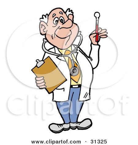Clipart Illustration of a Male Senior Caucasian Doctor In A Lab Coat, Wearing A Stethoscope, Holding A Clip Board And Looking At A Thermometer by LaffToon