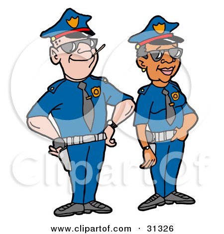 Clipart Illustration of a Male Caucasian Police Officer Standing Proudly With His Black Female Partner by LaffToon