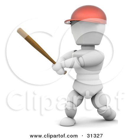 Clipart Illustration of a White Character In A Red Helmet, Swinging A Wooden Baseball Bat by KJ Pargeter