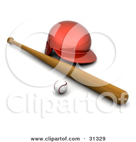 Clipart Illustration of a Baseball Resting By A Wooden Bat And A Red Helmet by KJ Pargeter