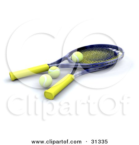 Clipart Illustration of Two Tennis Rackets With Three Yellow Balls by KJ Pargeter