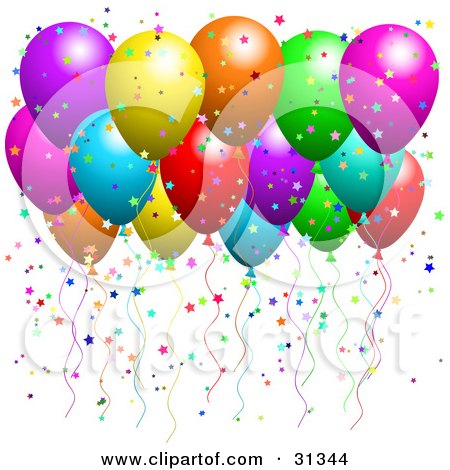 Clipart Illustration of a Bunch Of Floating Party Balloons With Confetti At A Party by KJ Pargeter