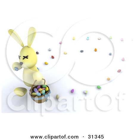 Clipart Illustration of a Yellow 3d Easter Bunny Carrying A Basket And Leaving A Trail Of Eggs by KJ Pargeter