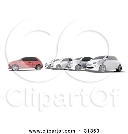 Clipart Illustration of a Red Car In Front Of A Row Of Silver Cars At A Lot by KJ Pargeter