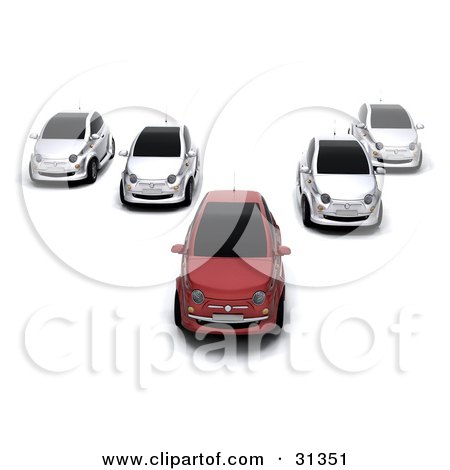 Clipart Illustration of a Red Compact Car Leading Four Other Cars by KJ Pargeter