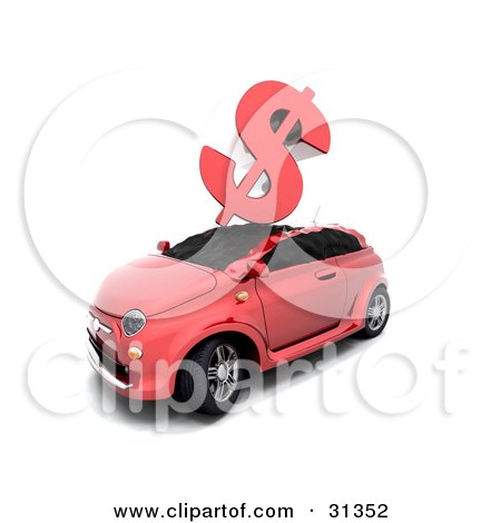 Clipart Illustration of a Red Dollar Sign Crashing Down On Top Of A Red Car, Symbolizing Car Insurance Rates, Accidents Or The Crashing Economy by KJ Pargeter