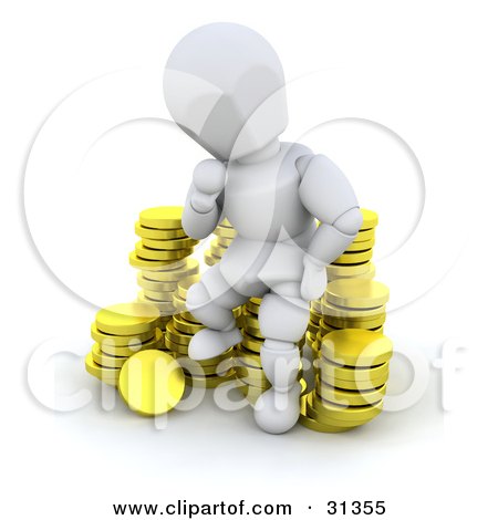 Clipart Illustration of a White Character In Thought, Sitting On A Stack Of Coins, Symbolizing Debt, Investments Or Savings by KJ Pargeter