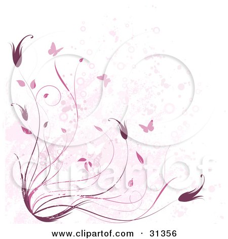 Clipart Illustration of a Pink And Purple Vine With Butterflies On A Grunge Pink Background by KJ Pargeter
