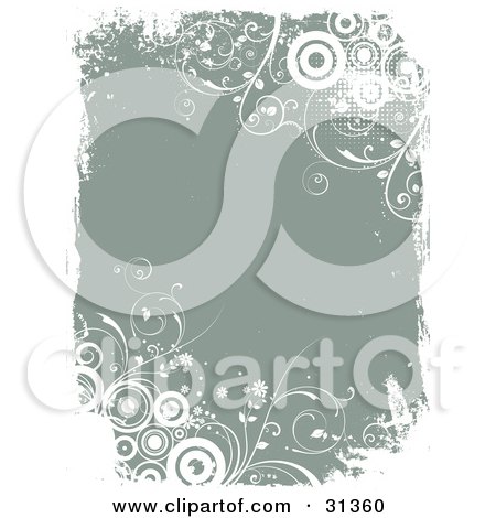 Clipart Illustration of a Green Background Bordered By White Grungy Circles, Dots And Plants by KJ Pargeter