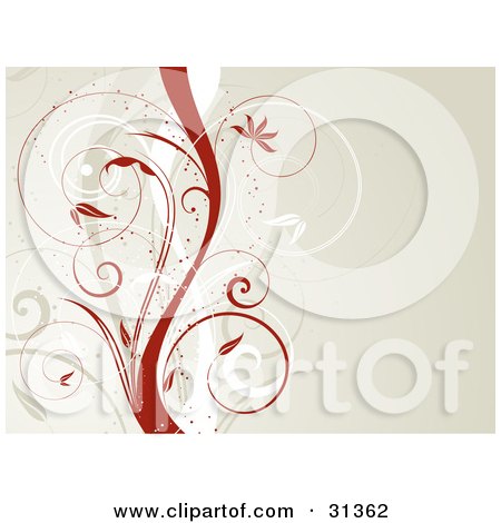 Clipart Illustration of Tan, White And Red Curly Vines Over A Beige Background by KJ Pargeter