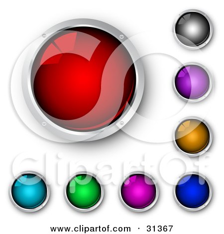 Clipart Illustration of a Set Of Shiny Red, Blue, Green, Purple, Pink, Orange And Black Internet Buttons Framed In Chrome by KJ Pargeter