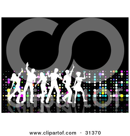 Clipart Illustration of a White Silhouetted Group Of Young People Dancing On A Black Surface, With A Wall Of Colorful Dots by KJ Pargeter