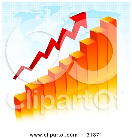 Clipart Illustration of an Orange Bar Graph With An Arrow, Showing An Increase, Over A Blue Map by KJ Pargeter