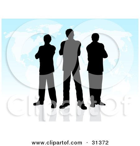 Clipart Illustration of a Group Of Black Silhouetted Businessmen Standing On A Reflective Surface With A Blue Map Background. by KJ Pargeter