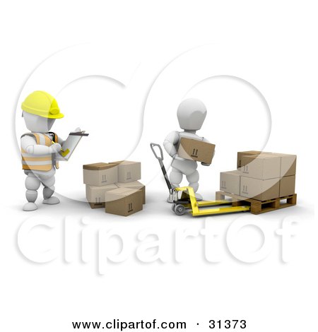 Clipart Illustration of a Boss Taking Inventory As A Worker Stacks Boxes by KJ Pargeter