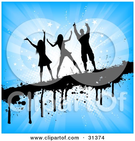 Clipart Illustration of a Black Silhouetted Man And Two Ladies Dancing On A Dripping Black Grunge Bar Over A Bursting Blue Starry Background by KJ Pargeter