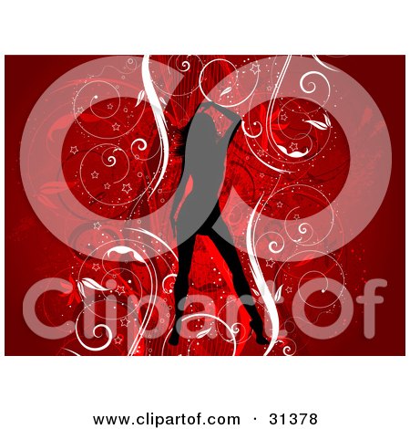 Clipart Illustration of a Sexy Black Silhouetted Lady Over A Floral Grunge Background Of Vines On Red by KJ Pargeter