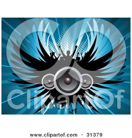 Clipart Illustration of Three Winged Speakers With Silhouetted People Dancing On A Blue Bursting Background With A Star by KJ Pargeter