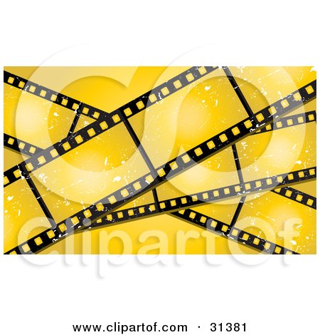 Clipart Illustration of Three Grungy Blank Film Strips With Scratches, On A Yellow Background by KJ Pargeter